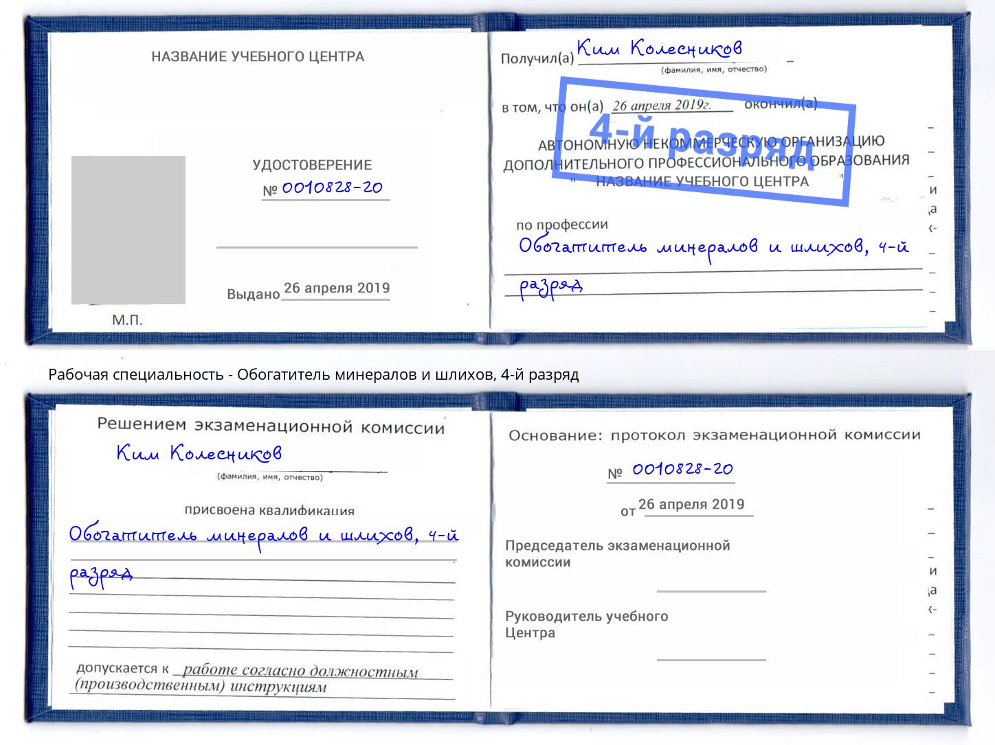 корочка 4-й разряд Обогатитель минералов и шлихов Богородицк