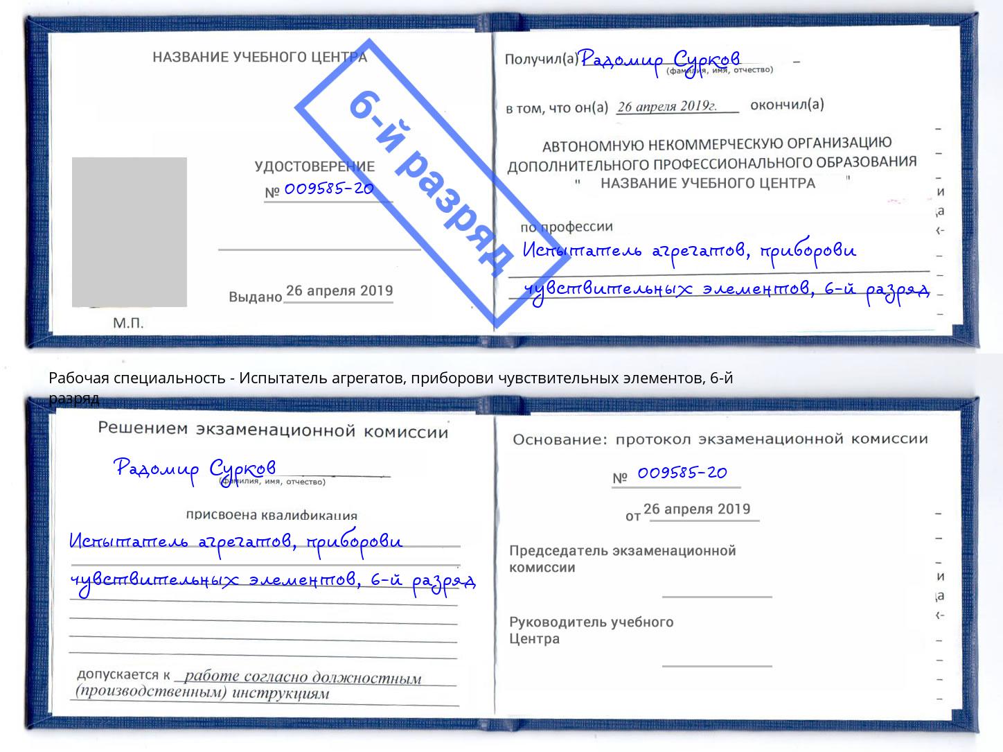 корочка 6-й разряд Испытатель агрегатов, приборови чувствительных элементов Богородицк