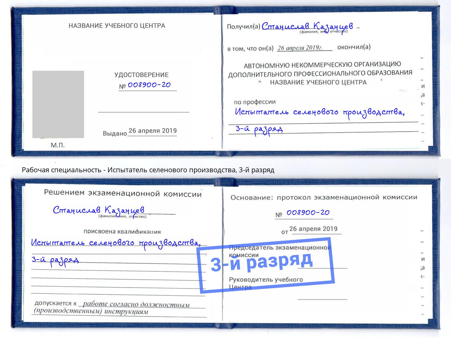 корочка 3-й разряд Испытатель селенового производства Богородицк
