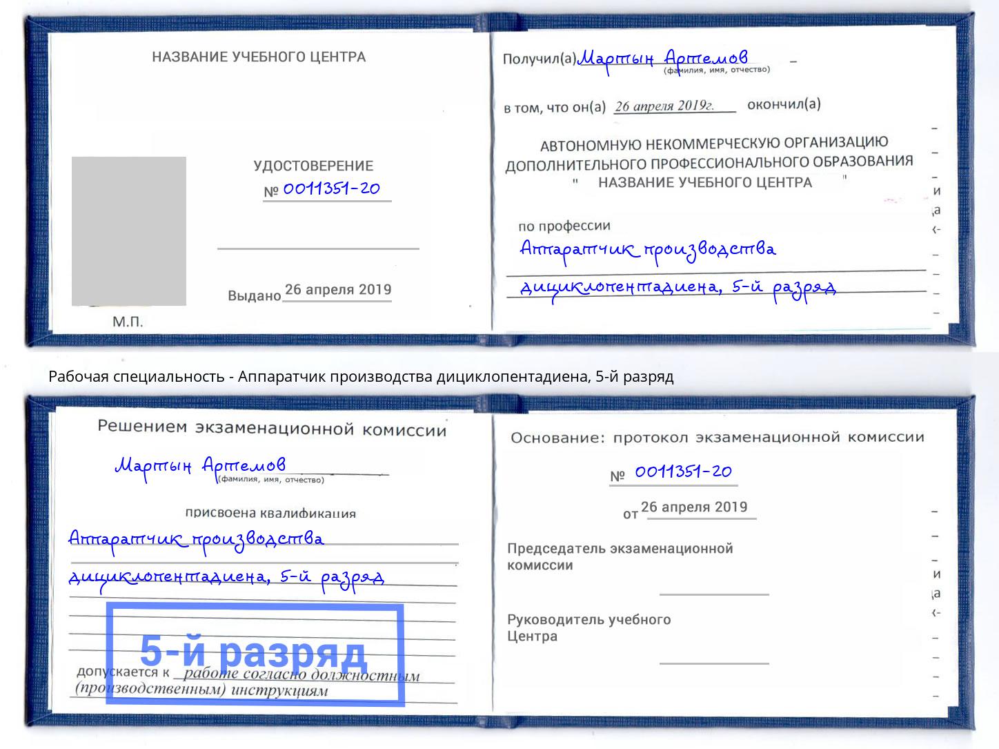 корочка 5-й разряд Аппаратчик производства дициклопентадиена Богородицк