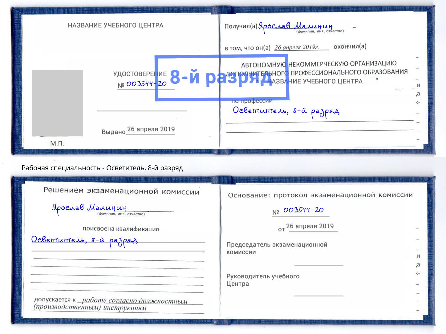 корочка 8-й разряд Осветитель Богородицк