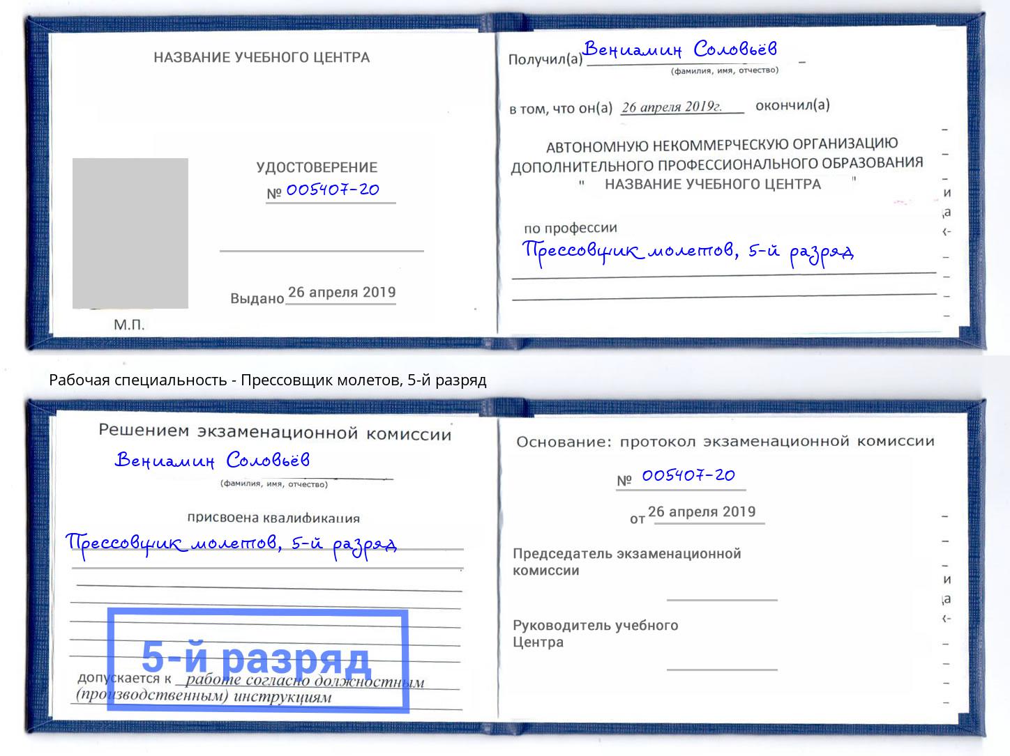 корочка 5-й разряд Прессовщик молетов Богородицк