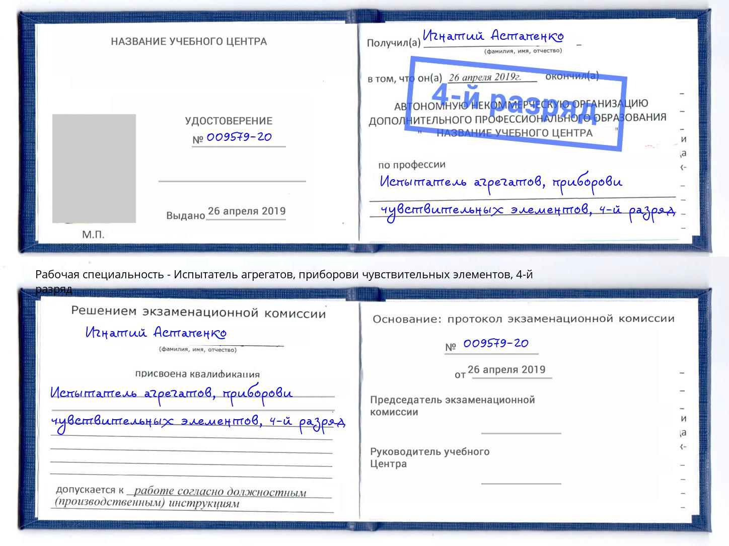 корочка 4-й разряд Испытатель агрегатов, приборови чувствительных элементов Богородицк