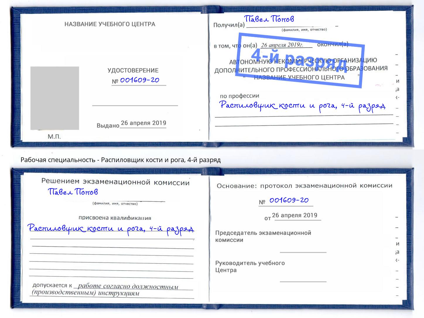 корочка 4-й разряд Распиловщик кости и рога Богородицк