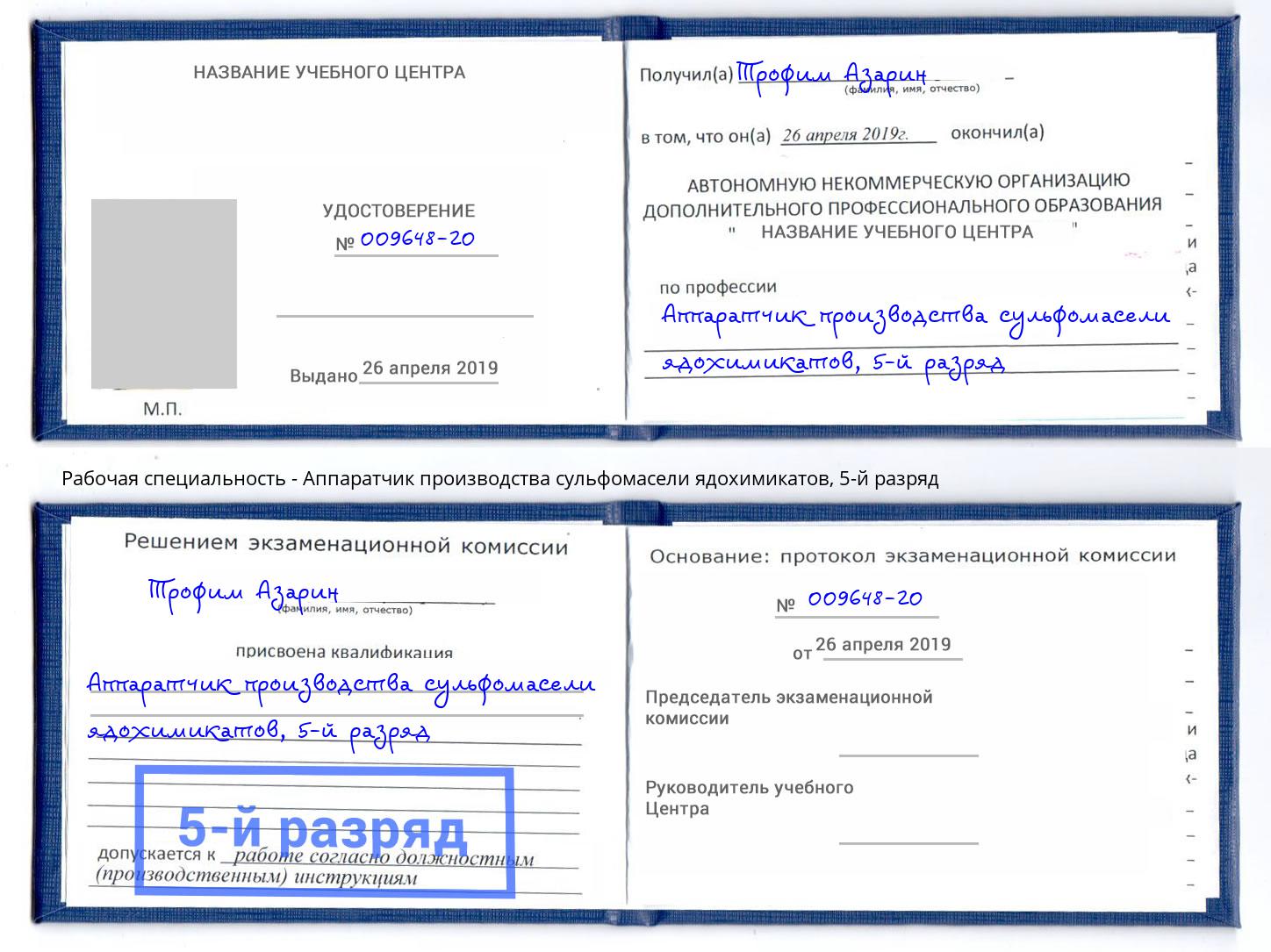 корочка 5-й разряд Аппаратчик производства сульфомасели ядохимикатов Богородицк