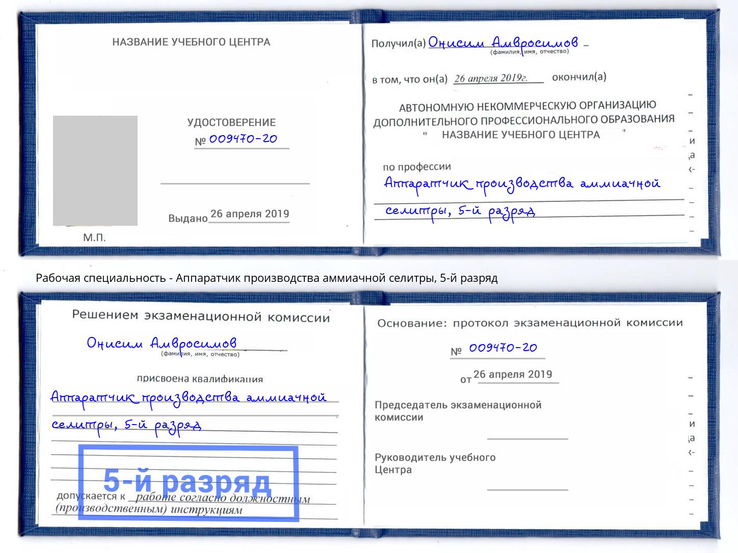 корочка 5-й разряд Аппаратчик производства аммиачной селитры Богородицк