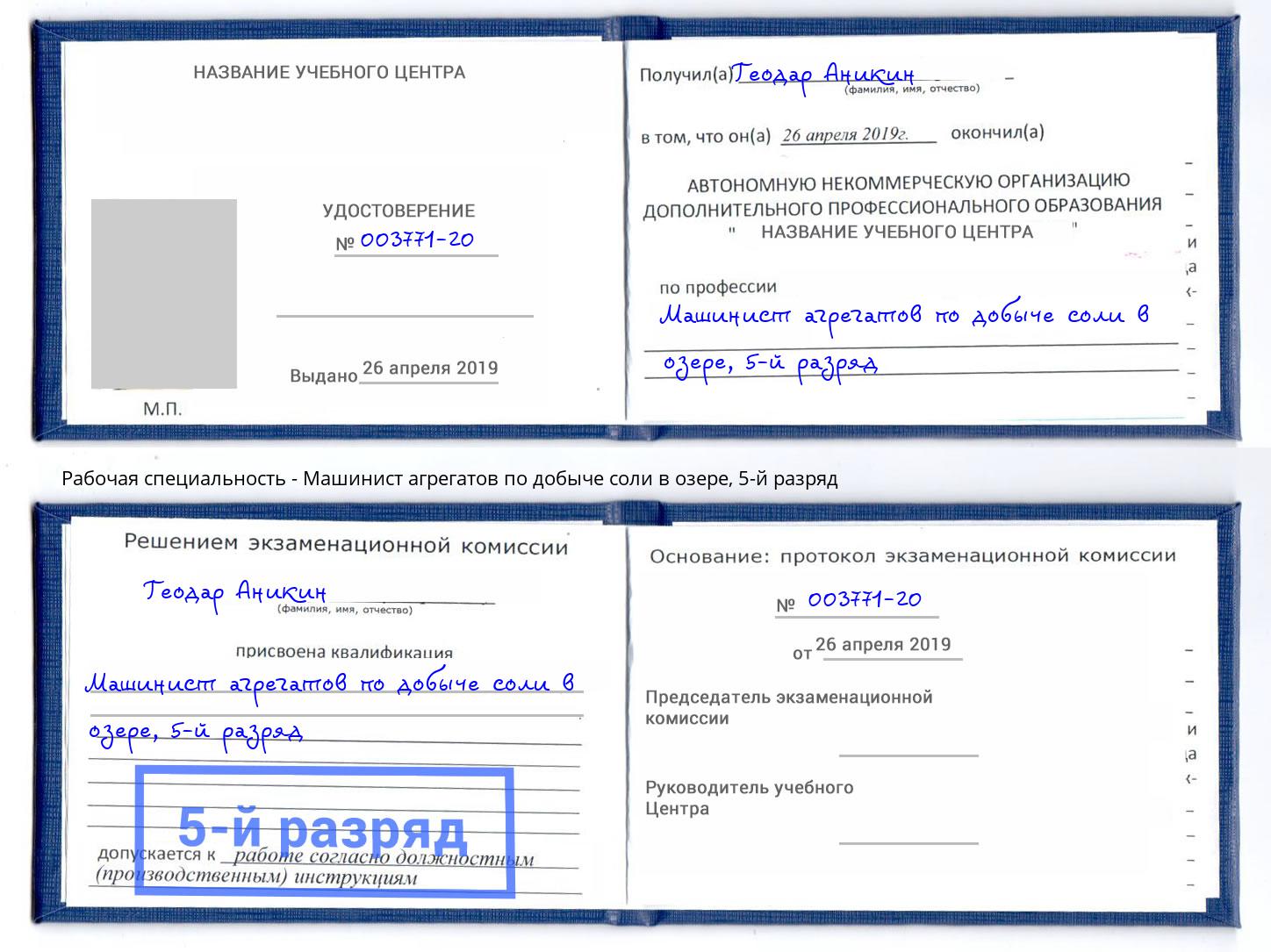 корочка 5-й разряд Машинист агрегатов по добыче соли в озере Богородицк