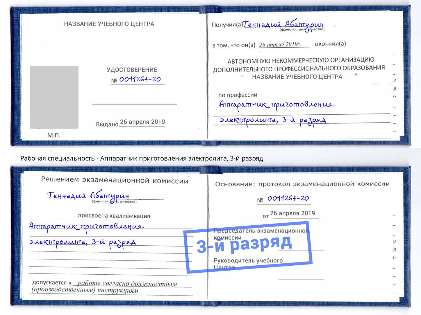 корочка 3-й разряд Аппаратчик приготовления электролита Богородицк