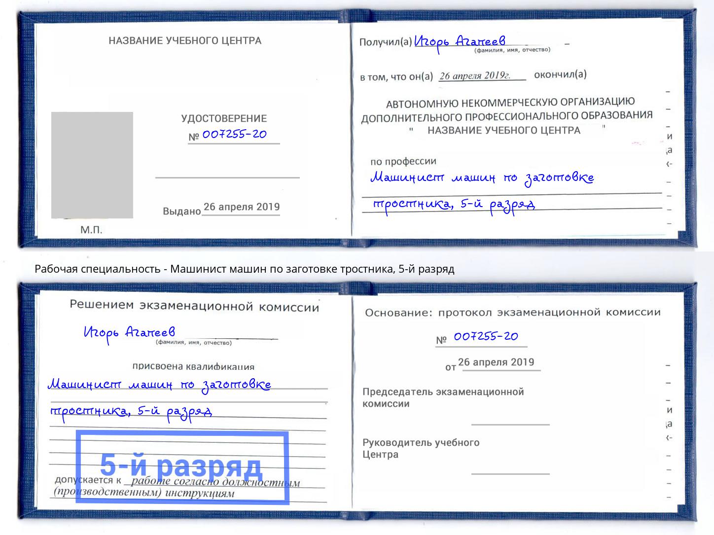корочка 5-й разряд Машинист машин по заготовке тростника Богородицк
