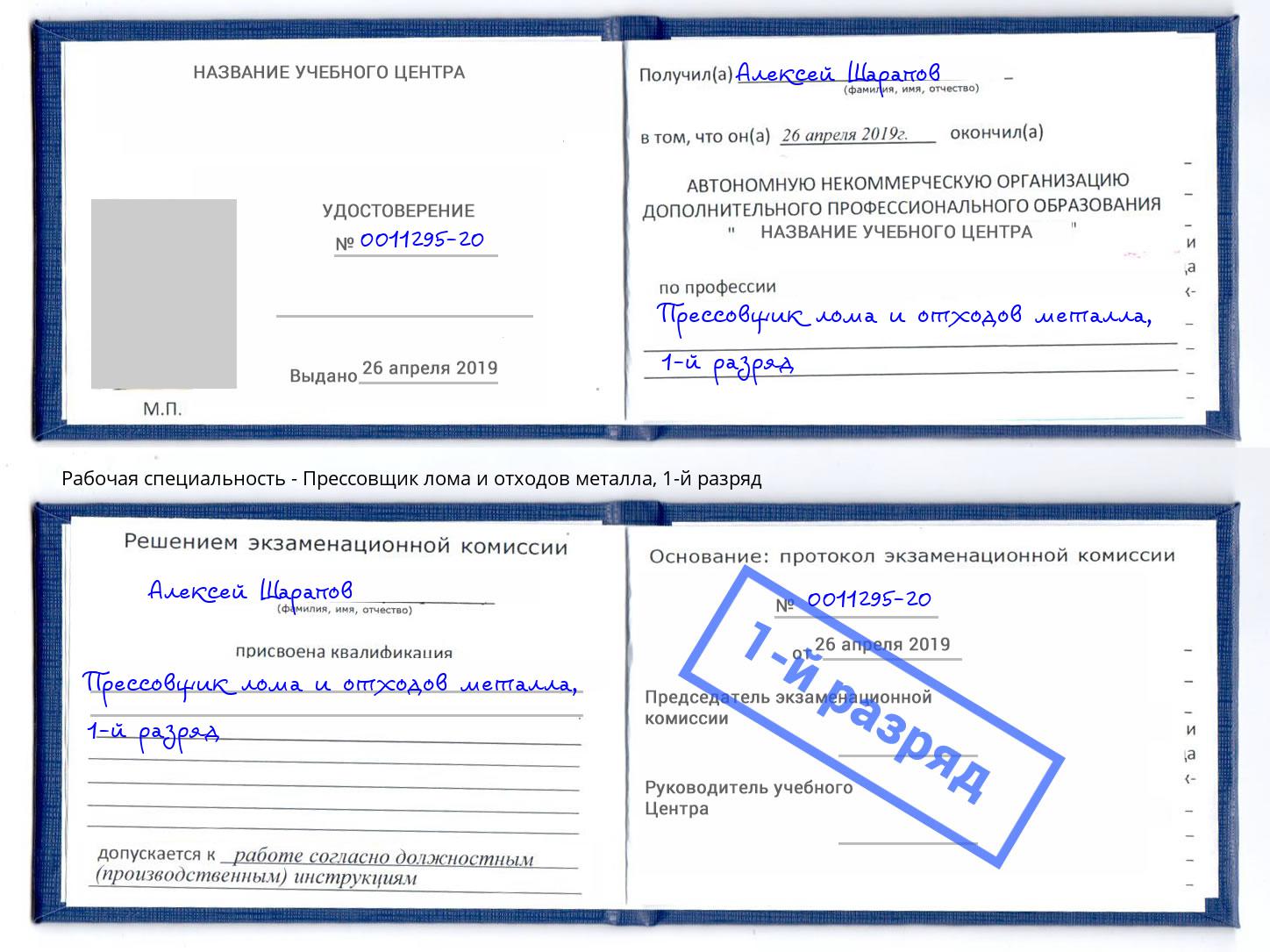 корочка 1-й разряд Прессовщик лома и отходов металла Богородицк