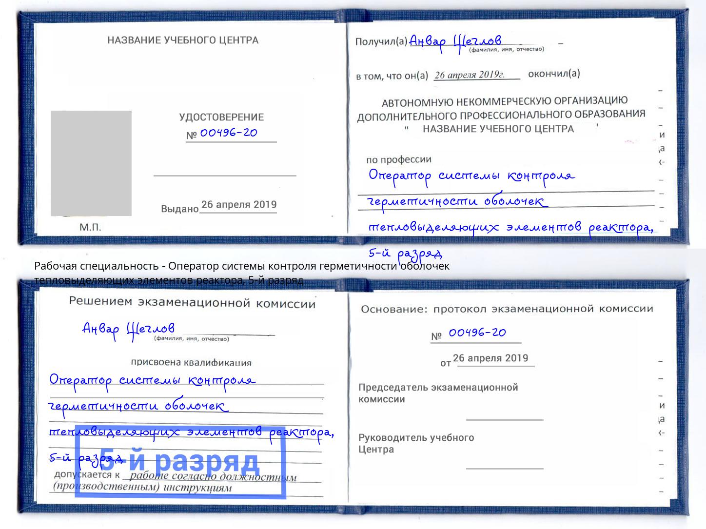корочка 5-й разряд Оператор системы контроля герметичности оболочек тепловыделяющих элементов реактора Богородицк