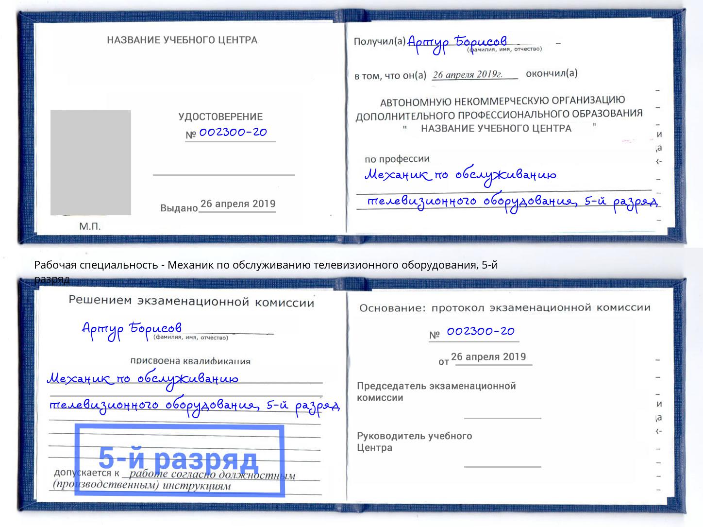 корочка 5-й разряд Механик по обслуживанию телевизионного оборудования Богородицк