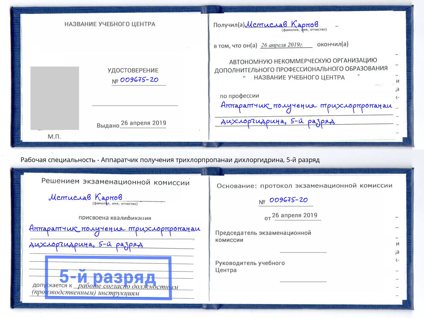 корочка 5-й разряд Аппаратчик получения трихлорпропанаи дихлоргидрина Богородицк