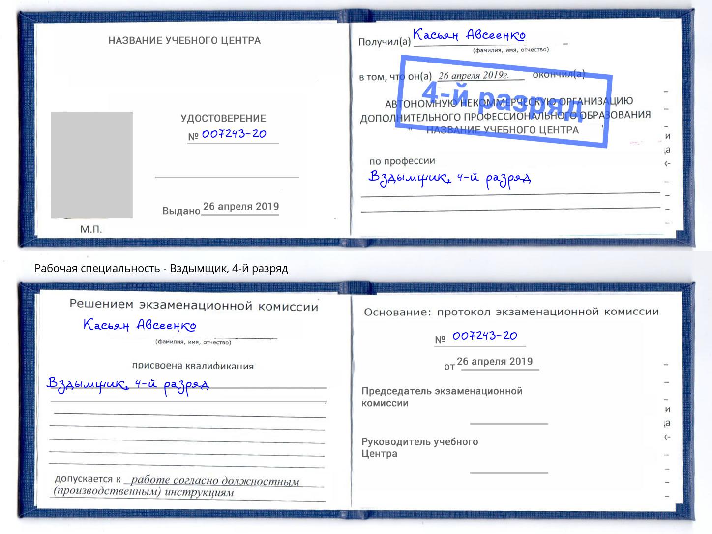 корочка 4-й разряд Вздымщик Богородицк