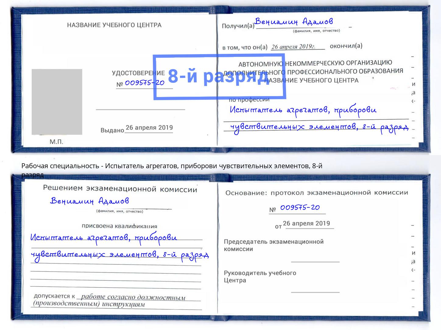 корочка 8-й разряд Испытатель агрегатов, приборови чувствительных элементов Богородицк